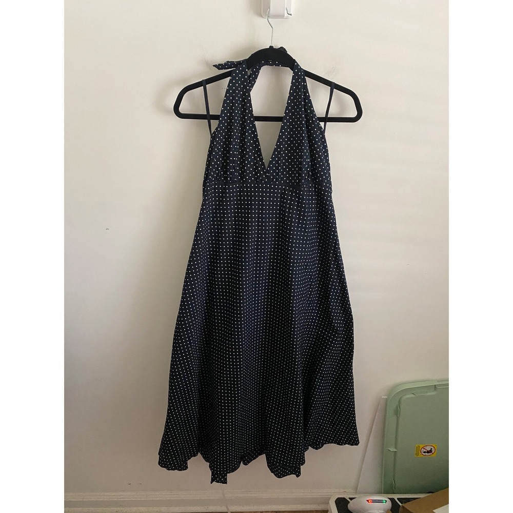 Gap Navy Blue White Polka‎ Dot Halter Ruffle Hem A-Line Dress Womens 14 RN54023